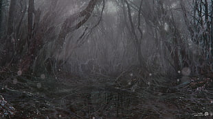 tall gray trees illustration, Stranger Things, Joshua Min, The Upside Down