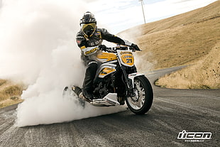 black and yellow dirt bike, motorcycle, Triumph, icon, drift HD wallpaper