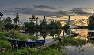 brown wooden dock, Russia, landscape, boat, water HD wallpaper