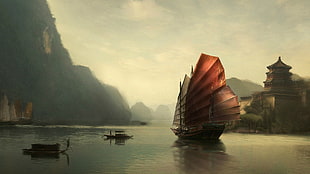 brown and beige junk ship, China, sailing ship, reflection, castle
