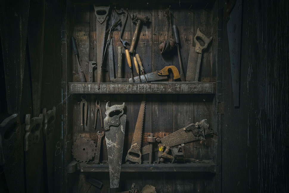 brown carpentry tool lot, tools HD wallpaper