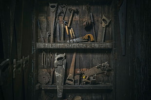 brown carpentry tool lot, tools