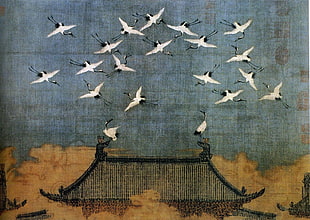 flock of flying white birds over top of roof painting, artwork, Chinese, painting, cranes