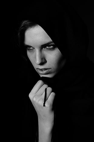 grayscale photography of woman in black scarf HD wallpaper
