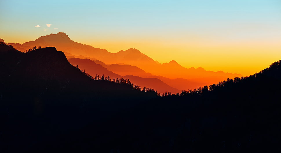 silhouette of mountain range, mountains, Nepal, sunset, landscape HD wallpaper