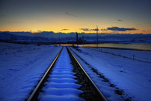 landscape of photography train rail covered in snow HD wallpaper