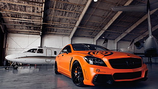 orange Mercedes-Benz coupe, C63 AMG, Mercedes-Benz, orange, car