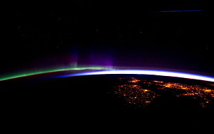 galaxy illustration, Earth, horizon, lights, aurorae