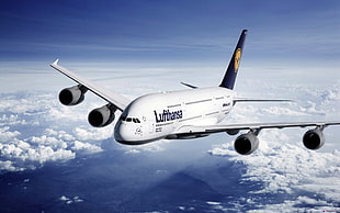 white Lufthansa airliner, Airbus A-380-861, A380, Airbus, airplane HD wallpaper