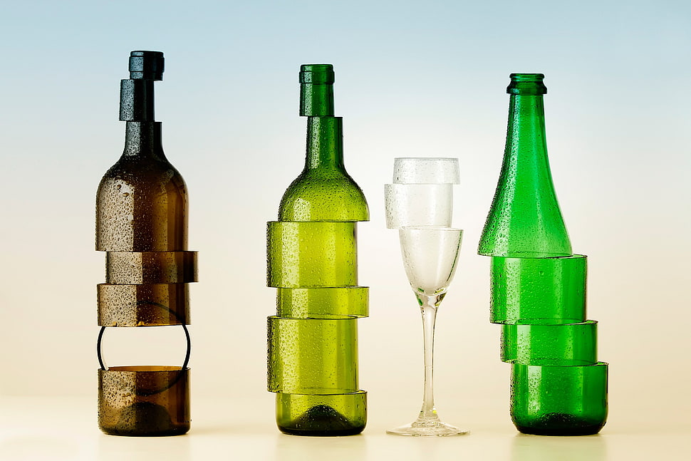 brown and green sliced bottles, creativity, artwork, sculpture, bottles HD wallpaper