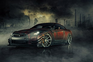 red and black coupe illustration, Nissan GTR, car, rims