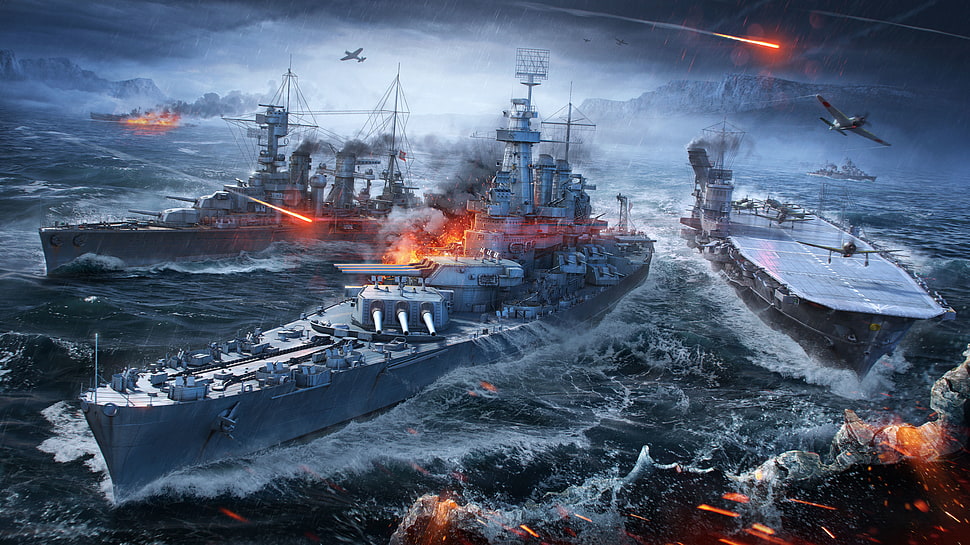three ships on war digital wallpaper HD wallpaper