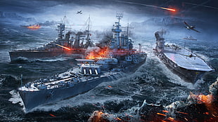 three ships on war digital wallpaper