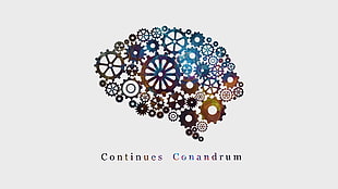 continues conadrum text overlay, brain, gears, white background