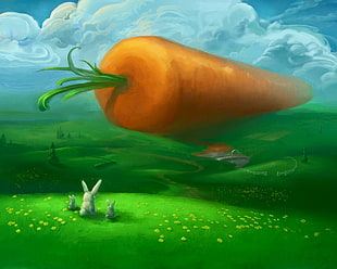 painting of three rabbits looking at gigantic orange carrot
