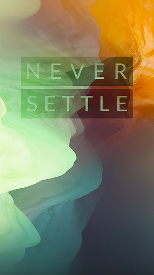 assorted-colored background with never settle text overlay