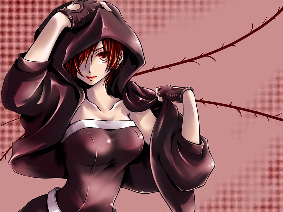 female brown hair with hoodie anime character HD wallpaper