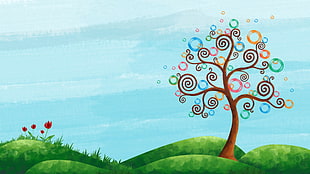 multicolored tree painting, nature, trees, hills, branch