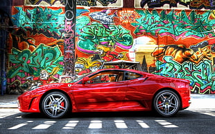 red coupe, car, Ferrari, graffiti, colorful