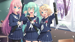 three female anime characters in blue school uniforms