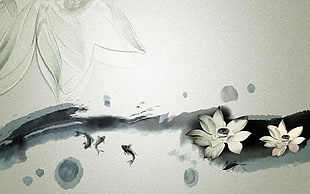 gray lotus flowers digital wallpaper, lotus flowers, monochrome, artwork, fish