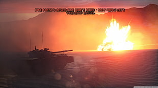 black battle tank with text overlay, quote, war, explosion, tank