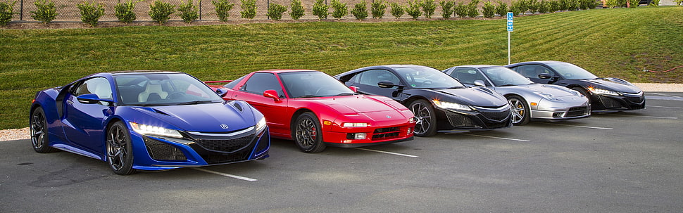 five assorted-color coupes, Acura NSX, car, vehicle, parking lot HD wallpaper