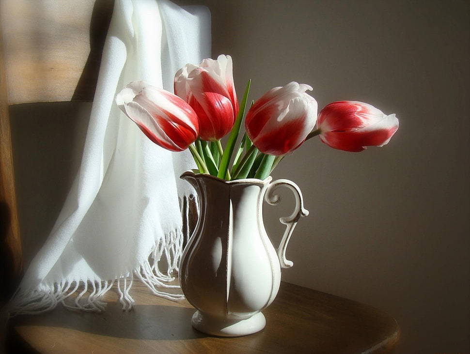 white pitcher with red and white flowers HD wallpaper