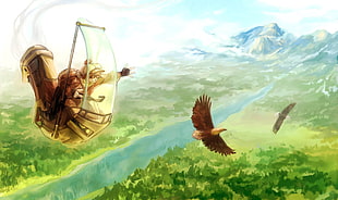 black and white American bald eagle illustration, fantasy art, flying, birds, steampunk