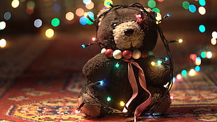 brown bear plush toy with string lights