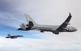 gray plane, McDonnell Douglas F/A-18 Hornet, Airbus A330 MRTT, aircraft, military aircraft HD wallpaper