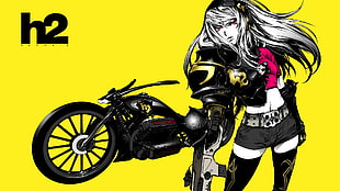 woman holding gun with black motorcycle digital wallpaper
