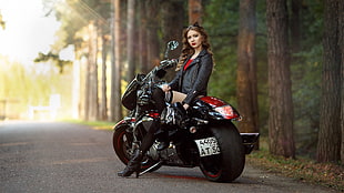 black and red cruiser motorcycle, women, model, outdoors, brunette HD wallpaper