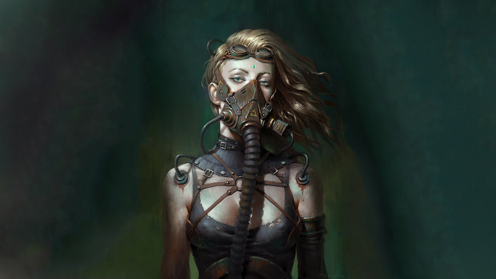 woman illustration, science fiction, cyberpunk, gas masks, Tubes HD wallpaper