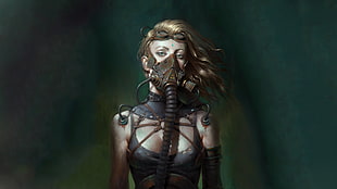 woman illustration, science fiction, cyberpunk, gas masks, Tubes