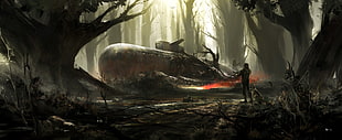 video game screenshot, submarine, artwork, forest, Fallout