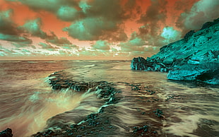 streaming body of water under cloudy sky, water, clouds, Photoshop, sea