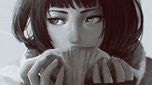 female anime character illustration, monochrome, sad, emotional, portrait