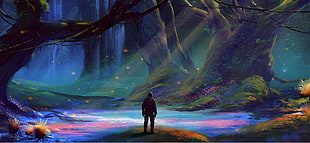 person standing in front of lake painting, artwork, fantasy art, concept art, forest