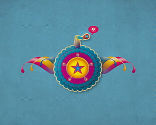 round blue, yellow, and pink star print logo