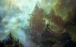 castle in the middle of the mountain painting, fantasy art