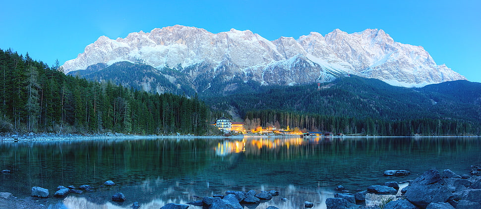 white snowcape mountains near trees under blue sky, eibsee HD wallpaper
