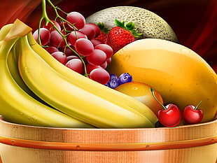 bananas, cherries, grapes, strawberries, and oranges illustration, fruit, bananas, food