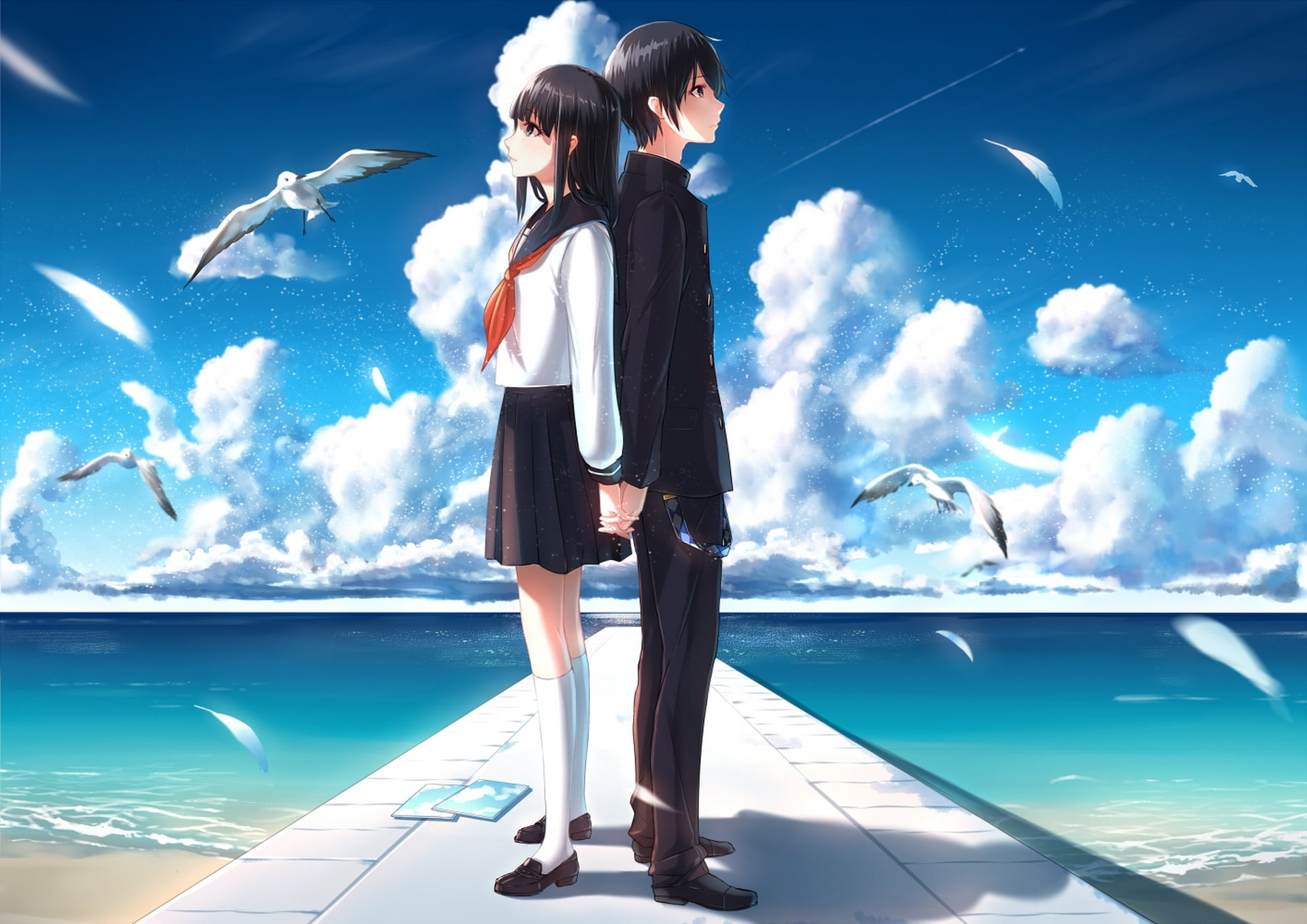 two boy and girl anime characters on dock illustration