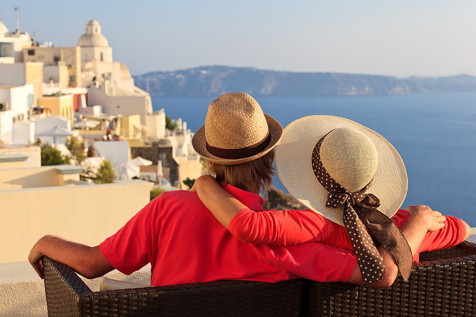 brown sunhat, summer, couple, sea, love HD wallpaper