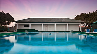 green and white above ground pool, landscape, swimming pool