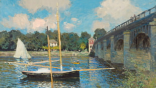 black and and white sail boat under bridge painting, artwork, Claude Monet, painting, bridge