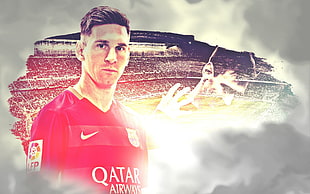 men's red Nike Qatar Airways jersey shirt, Lionel Messi, Leo Messi HD wallpaper