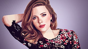 black and red floral dress illustration, digital art, women, illustration, celebrity HD wallpaper