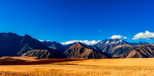 mountain range across brown grass field under clear blue sky